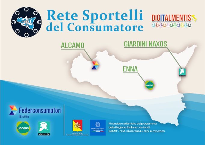 Immagine della Sicilia con le sedi dello sportello dei consumatori e relativi loghi