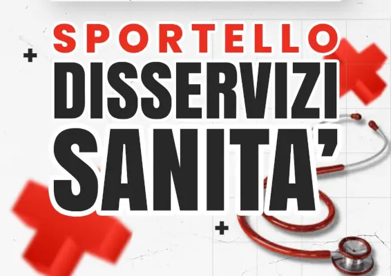 Sportello disservizi sanità. Sullo sfondo bianco si intravedono due croci rosse e parte di uno stetoscopio